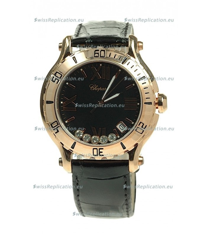 Chopard Happy Sport Diamonds Edition Replica Gold Watch in Black Strap