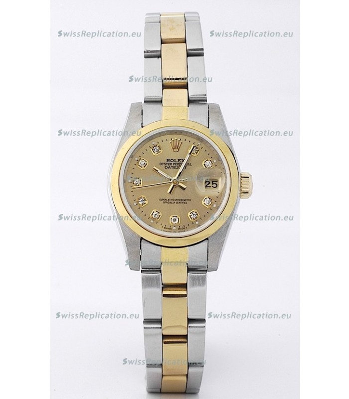 Rolex DateJust - Two Tone Ladies Swiss Replica Watch in Gold Dial