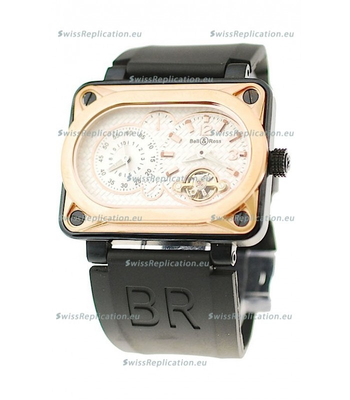Bell and Ross BR Minuteur Tourbillon Japanese Replica Gold Watch in White Dial