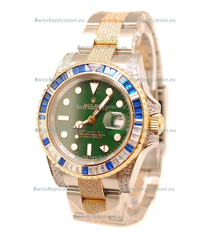 Rolex GMT Masters II 2011 Edition Swiss Replica Two Tone Watch with Diamonds Casing and Bezel