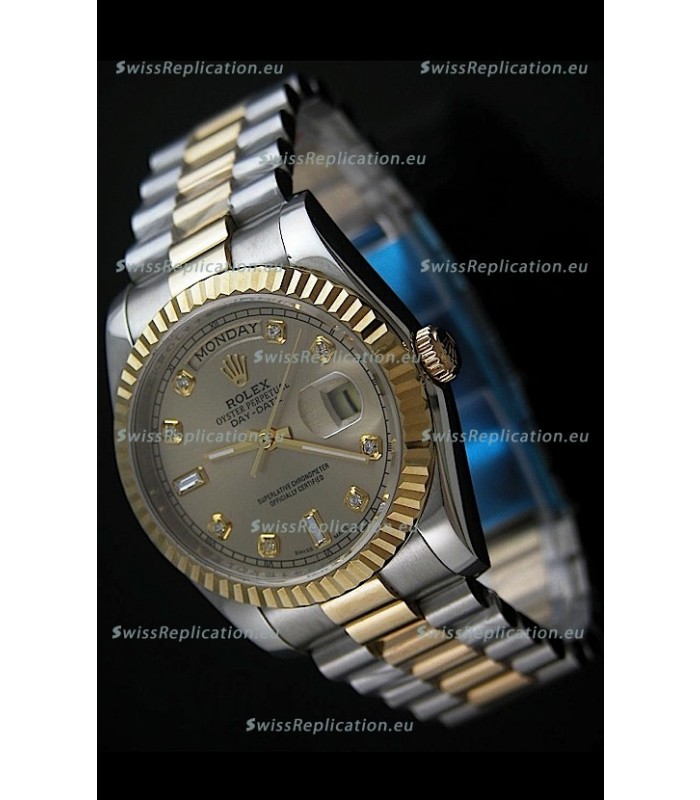 Rolex Day Date Just Japanese Replica Two Tone Gold Watch in Golden Dial