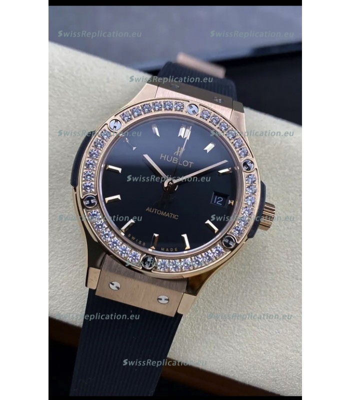 Hublot Classic Fusion 1:1 Mirror Replica Swiss Watch in Rose Gold 904L Steel Casing Black Dial 38MM