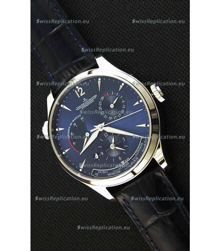 Jaeger LeCoultre Master Geographic Power Reserve Steel Case Steel Blue Dial Swiss Replica Watch From Jaeger LeCoultre