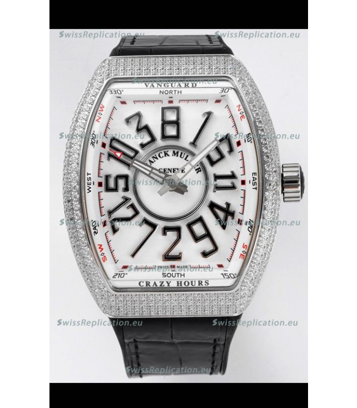 Franck Muller Vanguard Crazy Hours in Stainless Steel Diamonds - White Dial Swiss Replica Watch 