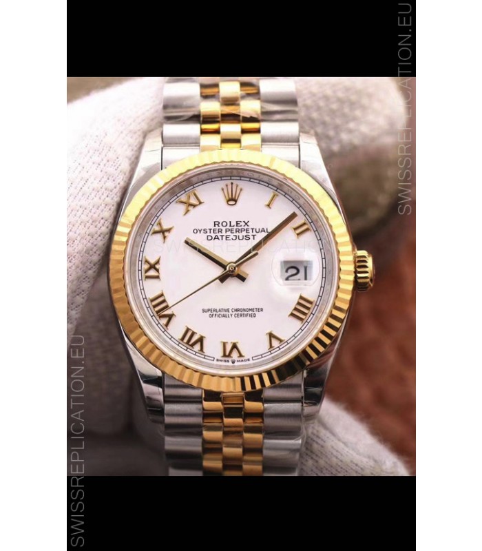 Rolex Datejust 36MM Cal.3135 Movement Swiss Replica Watch in 904L Steel Two Tone Casing White Dial