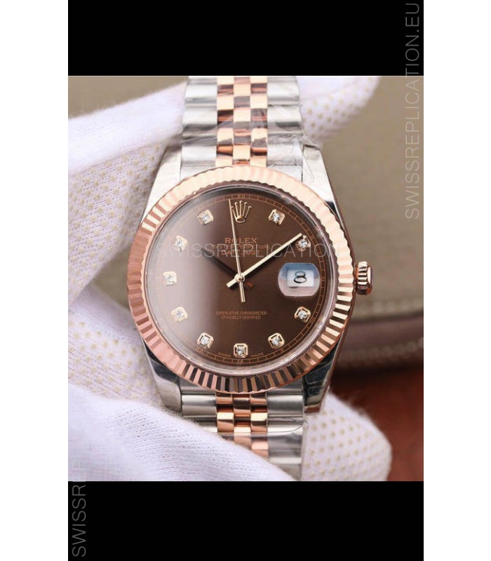 Rolex Datejust 41MM Cal.3135 Movement Swiss Replica Watch in 904L Steel Two Tone Brown Dial
