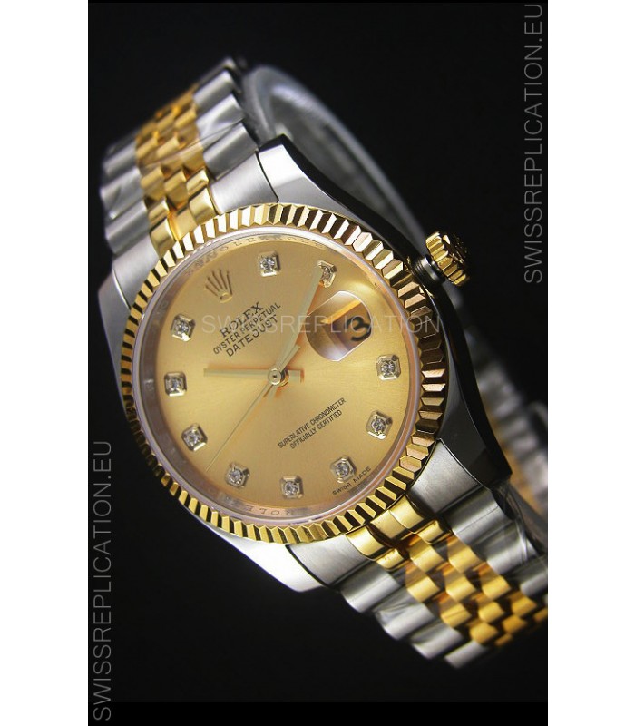 Rolex Datejust Replica Japanese Watch - Two Tone Plating with Gold Dial in 36MM Casing