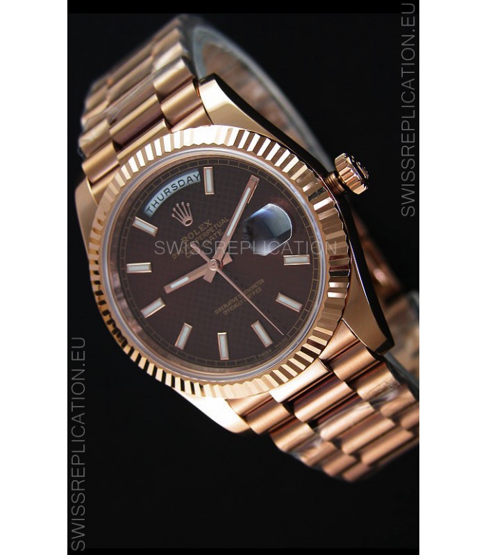 Rolex Day Date Japanese Replica Watch - Rose Gold Casing in Maroon Dial 40MM