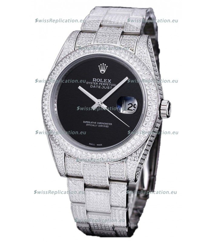 Rolex Datejust 41MM Swiss Replica - Iced Out Edition in Black Dial 