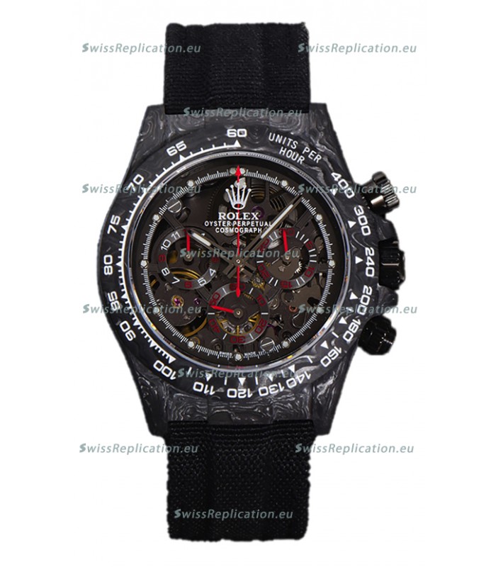 Rolex Daytona DiW Skeleton Carbon Edition Watch - Forged Carbon Casing Black Strap 1:1 Mirror Replica