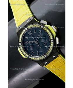 Hublot Big Bang All Black Edition in Lemon Strap and Baguette Diamonds Bezel
