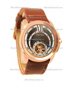 Calibre de Cartier Flying Tourbillon Japanese Replica Rose Gold Watch in Black Dial