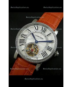 Cartier Ronde de Tourbillon Japanese Replica Diamond Watch in Brown Strap