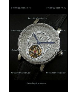 Cartier Ronde de Tourbillon Japanese Replica Diamond Watch in Black Strap