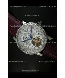Cartier Ronde de Tourbillon Japanese Replica Diamond Watch in Purple Strap