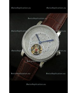 Cartier Ronde de Tourbillon Japanese Replica Diamond Watch in Brown Strap