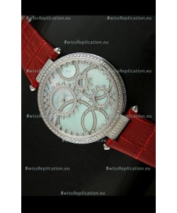 Cartier Replica Watch with Diamonds Embedded Dial Bezel in Steel Case/Red Strap