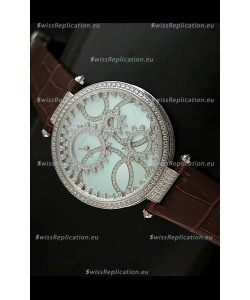 Cartier Replica Watch with Diamonds Embedded Dial Bezel in Steel Case/Brown Strap