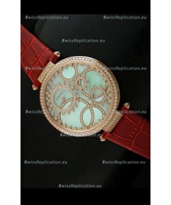 Cartier Replica Watch with Diamonds Embedded Dial Bezel in Gold Case/Brown Strap