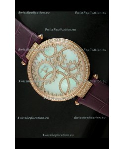 Cartier Replica Watch with Diamonds Embedded Dial Bezel in Gold Case/Maroon Strap