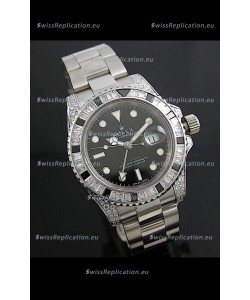 Rolex GMT Master II Swiss Replica Steel Watch in Diamond Bezel 