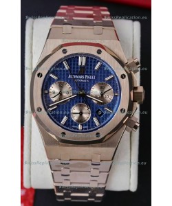 Audemars Piguet Royal Oak Chronograph Rose Gold Blue Dial Steel Strap Swiss Replica Watch