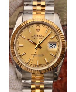 Rolex Datejust 36MM Cal.3135 Movement Swiss Replica Watch in 904L Steel Two Tone Casing Gold Dial
