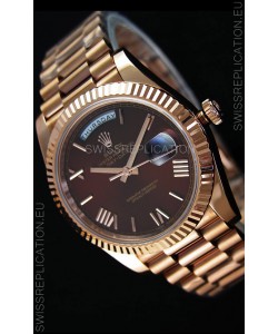 Rolex Day Date Japanese Replica Watch - Rose Gold Casing in Maroon Dial 40MM