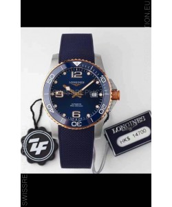Longines HydroConquest 1:1 Swiss Replica Watch in Blue Dial Rubber Strap Rose Gold Bezel