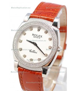 Rolex Cellini Cestello Ladies Swiss Watch White Face Diamonds Hour, Bezel and Lugs