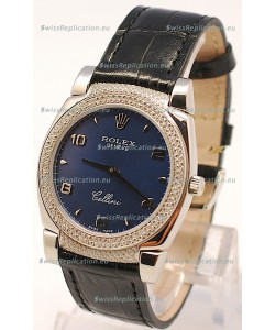 Rolex Cellini Cestello Ladies Swiss Watch in Dark Blue Face Diamonds Bezel and Lugs