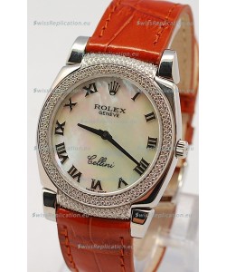 Rolex Cellini Cestello Ladies Swiss Watch in White Pearl Face Diamonds Bezel and Lugs