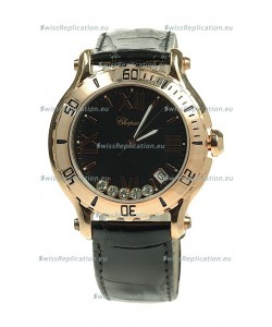 Chopard Happy Sport Diamonds Edition Replica Gold Watch in Black Strap