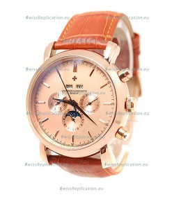 Vacheron Constantin Malte Perpetual Chronograph Japanese Replica Watch in Brown Strap