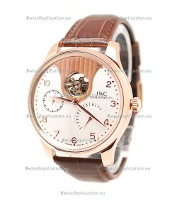 IWC Portuguese Tourbillon Mystere Japanese Replica Rose Gold Watch in White Dial
