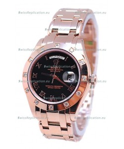 Rolex Day Date Rose Gold Japanese Replica Watch in Black Dial