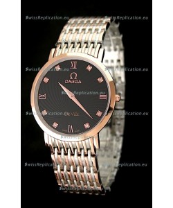Omega DeVelie Japanese Replica Rose Gold Watch in Black Dial
