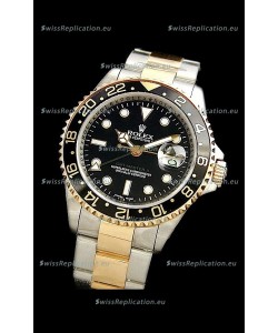 Rolex GMT Master II Swiss Replica Two Tone Gold Watch in Black Dial