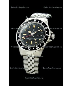 Rolex GMT Master Swiss Replica Steel Watch in Black Bezel