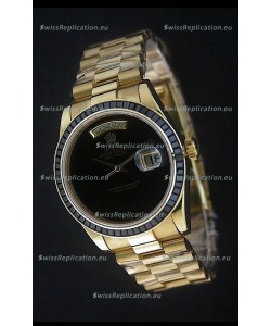 Rolex Day Date Just Japanese Replica Yellow Gold Watch in Black Dial