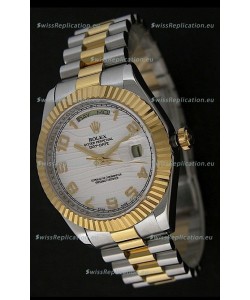 Rolex Day Date Just Japanese Replica Two Tone Gold Watch in White Stripe Pattern Dial