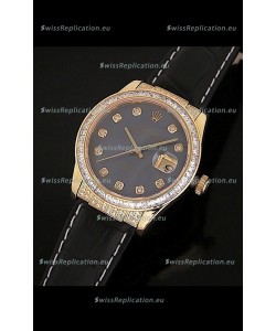 Rolex DateJust Japanese Mens Replica Yellow Gold Watch in Black Mother of Pearl Dial