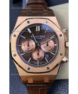Audemars Piguet Royal Oak Chronograph Rose Gold Brown Dial Leather Strap Swiss Replica Watch