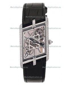 Cartier Tank Asymétrique Stainless Steel Casing Diamonds Bezel Watch in Leather Strap Swiss Replica