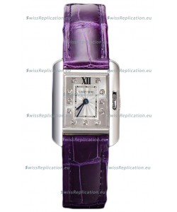 Cartier Tank Anglaise Stainless Steel Watch in Purple Leather Strap Swiss Quartz Watch 30MM