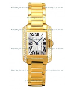 Cartier Tank Anglaise Yellow Gold Watch in Steel Strap Diamonds Bezel Swiss Quartz Watch 30MM