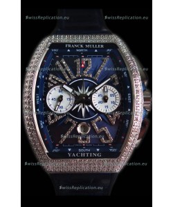 Franck Muller Vanguard Chronograph 904L Steel Blue Dial with Diamonds Swiss Watch 
