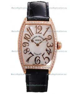 Franck Muller Cintree Curvex Mother of Pearl Dial Watch in Rose Gold Plating - Black Strap 