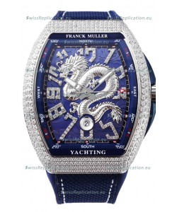Franck Muller Vanguard Yachting Dragon V45 Blue Dial in Diamonds Bezel Swiss Replica