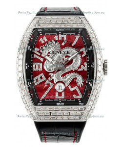 Franck Muller Vanguard Yachting Dragon V45 Red Dial in Square Diamonds Bezel Swiss Replica
